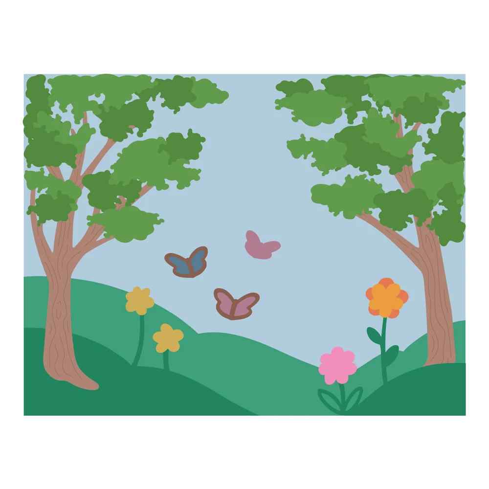 Layered spring landscape design showing trees, rolling green hills, flowers and three butterflies created with the cutting die set