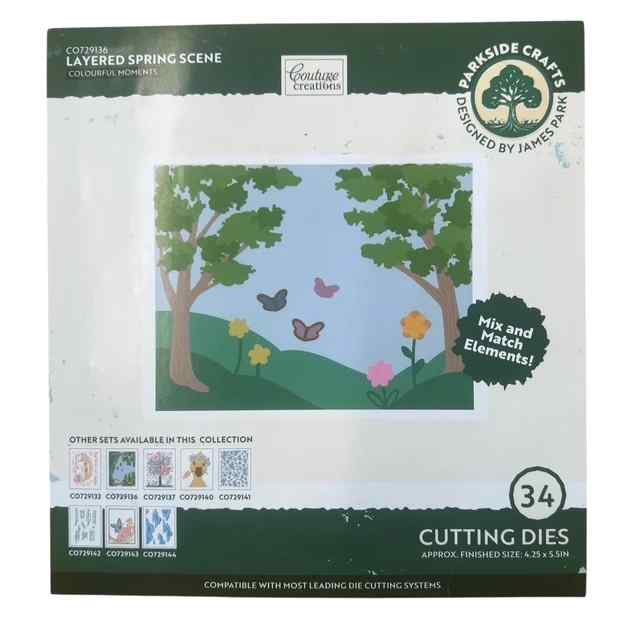 Front of Couture Creations Colourful Moments Layered Spring Scene packaging showing a mix-and-match garden scene and 34 cutting dies