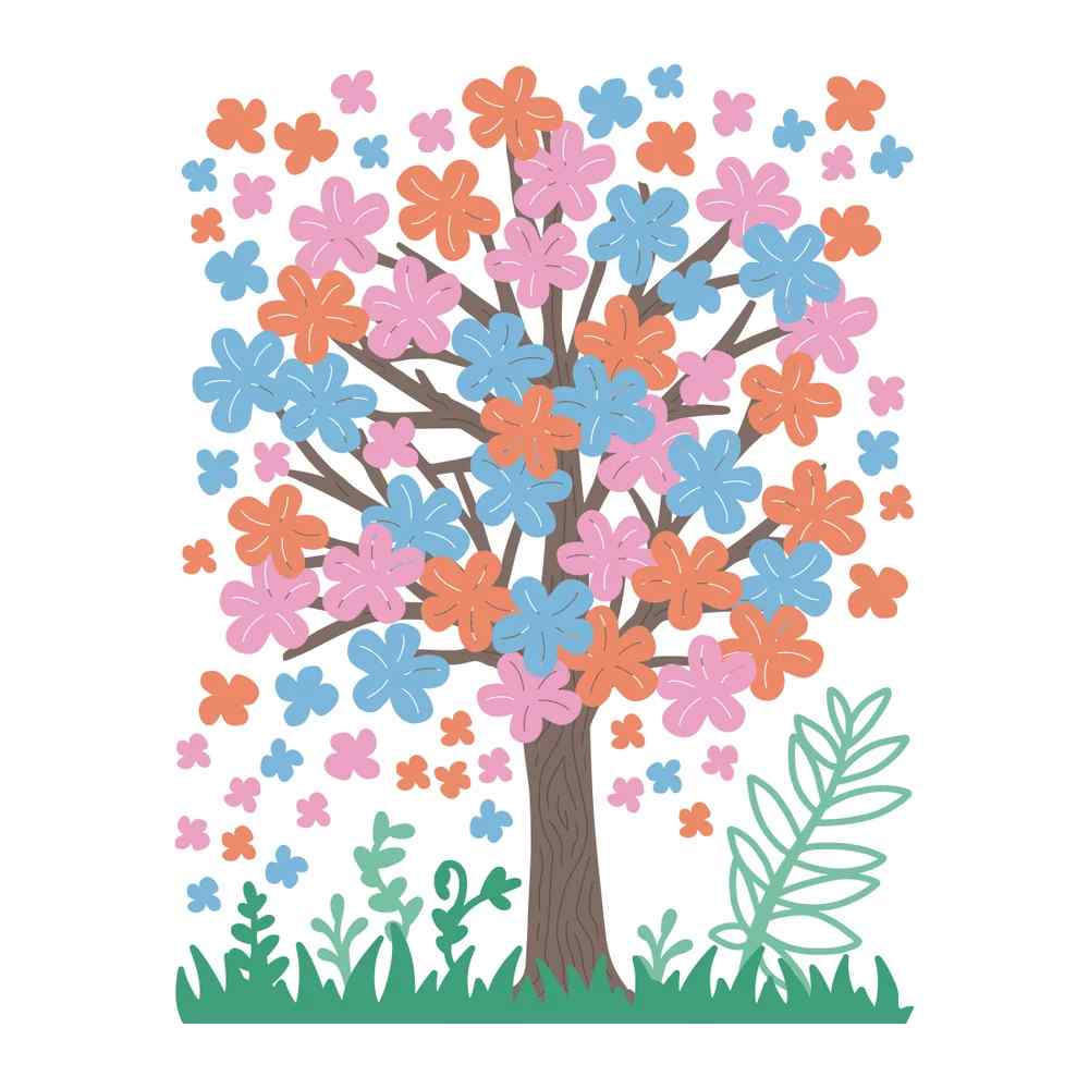 Layered flowering spring tree design showing a brown trunk and branches, pink, orange and blue blossoms, scattered small flowers, grass and leafy foliage