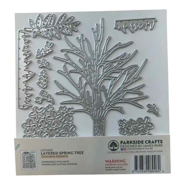 Reverse view of the Layered Spring Tree packaging showing steel dies for the tree, branches, flowers, grass and leafy foliage