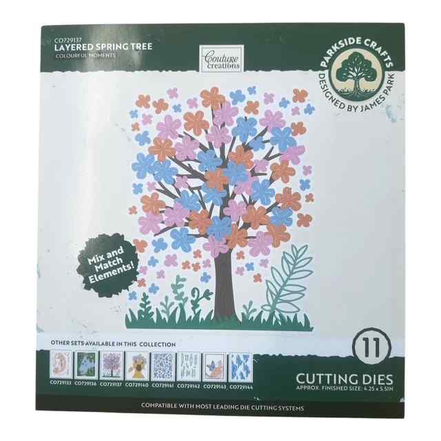 Front of Couture Creations Colourful Moments Layered Spring Tree packaging showing the flowering tree design and 11 cutting dies