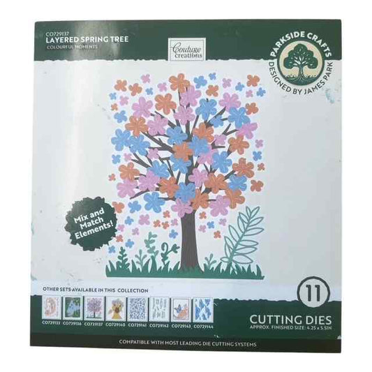 Front of Couture Creations Colourful Moments Layered Spring Tree packaging showing the flowering tree design and 11 cutting dies
