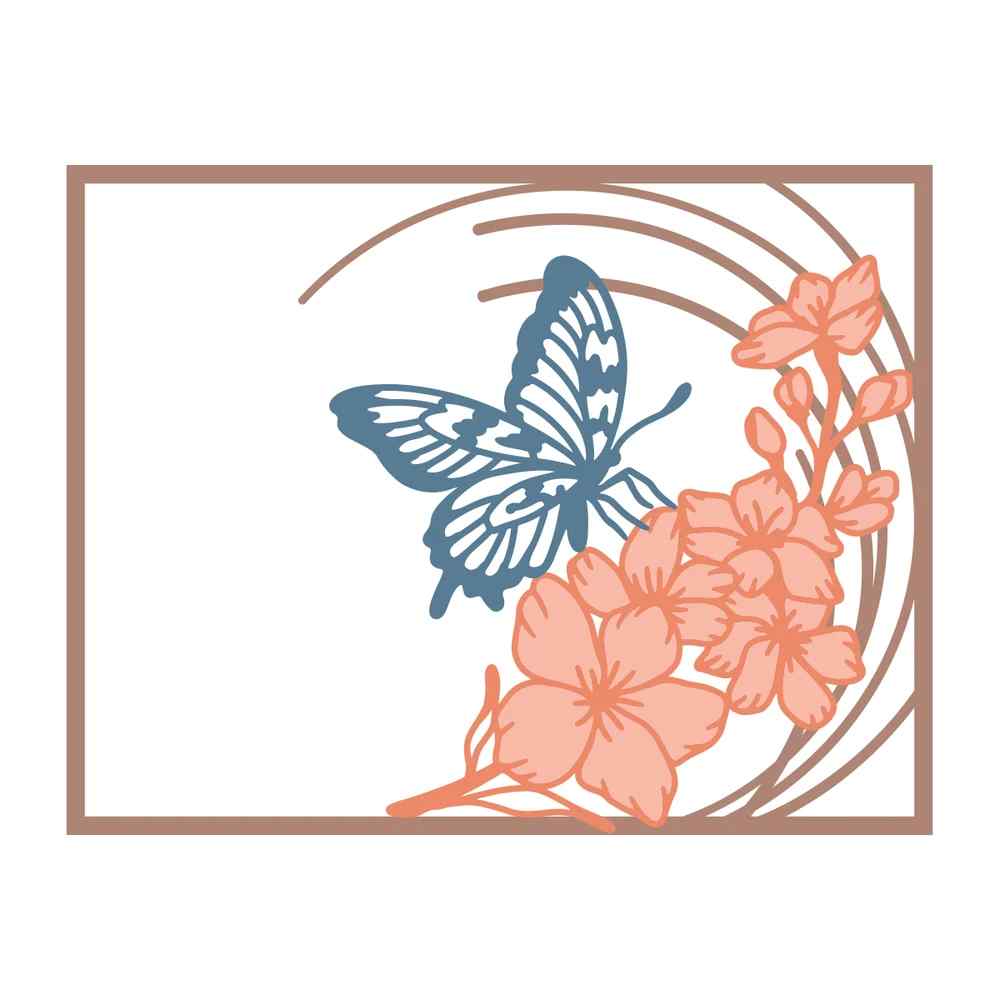 Framed floral design made with the Swirling Butterfly die set, showing a detailed blue butterfly, peach flowers, leafy stems and curved border lines