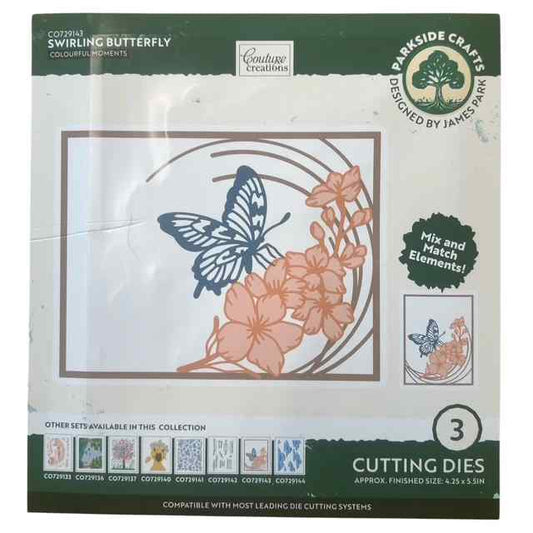Front of Couture Creations Colourful Moments Swirling Butterfly packaging showing the framed floral butterfly design and three cutting dies