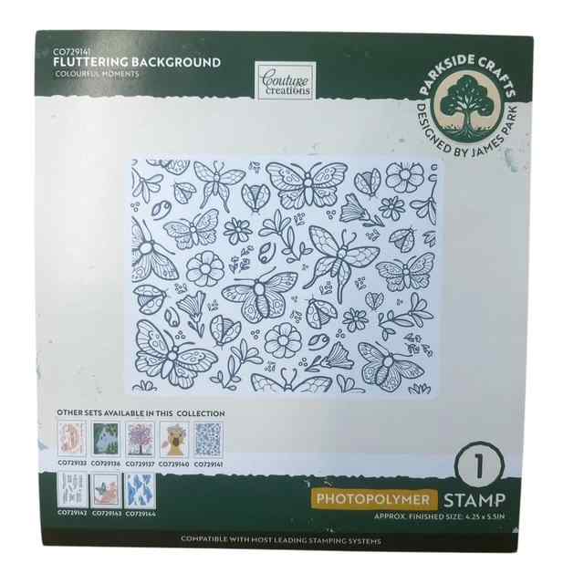 Front of Couture Creations Colourful Moments Fluttering Background photopolymer stamp packaging with the butterfly and floral design shown