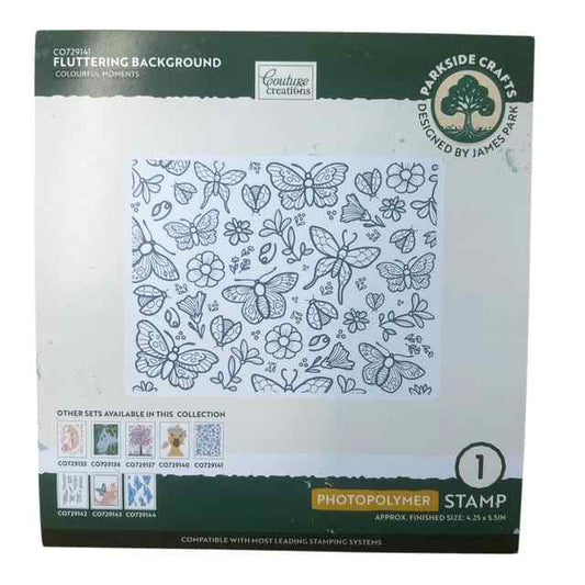 Front of Couture Creations Colourful Moments Fluttering Background photopolymer stamp packaging with the butterfly and floral design shown