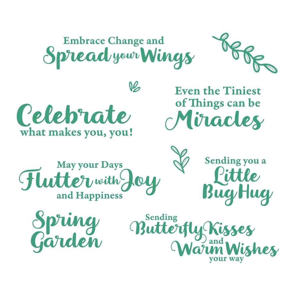 Close-up of the Spring Sentiments clear stamp set showing seven uplifting phrases and three small botanical accent stamps in green