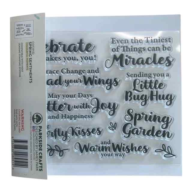 Reverse view of the Spring Sentiments packaging showing the clear stamps with phrases including Celebrate what makes you, you!, Spring Garden and Little Bug Hug