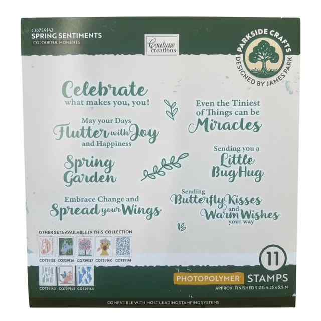 Front of Couture Creations Colourful Moments Spring Sentiments packaging showing the 11 photopolymer stamps and their spring-themed phrases