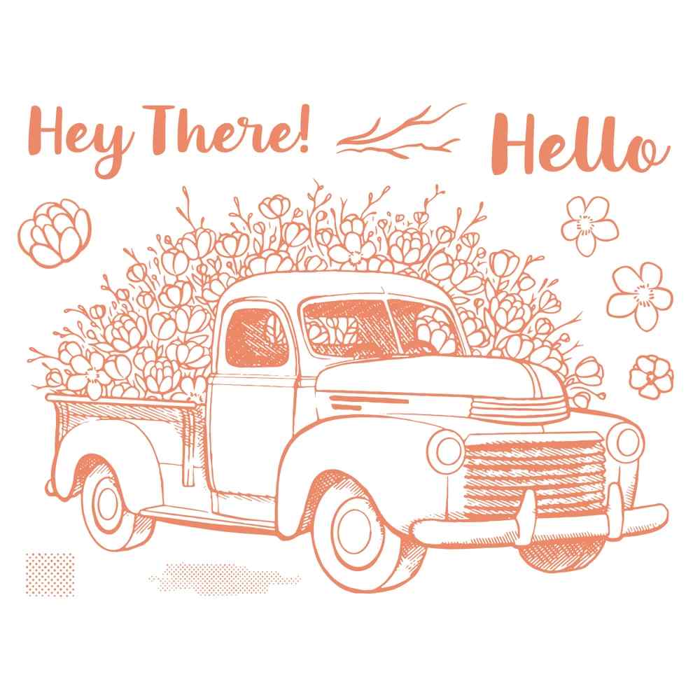 Close-up of the Spring Truck stamp design showing a vintage pickup filled with flowers, Hey There! and Hello greetings, a branch, flower accents and texture stamps