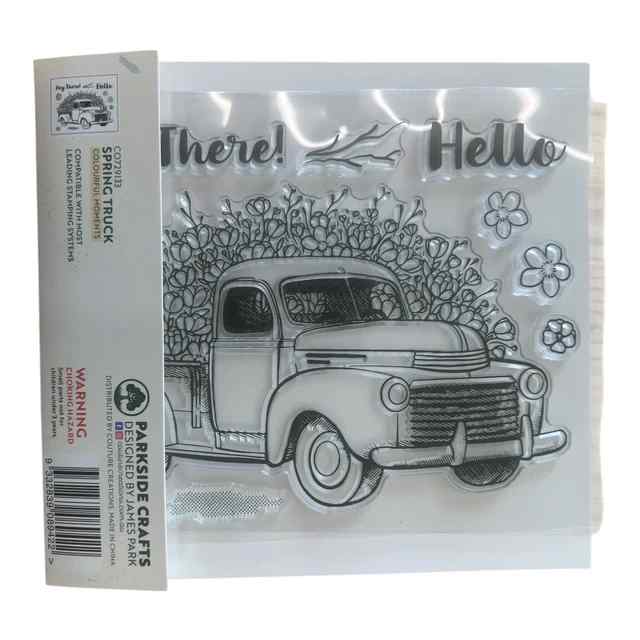 Reverse view of the Spring Truck packaging showing the vintage floral pickup truck, Hey There! and Hello greetings, flower accents, branch and texture stamps