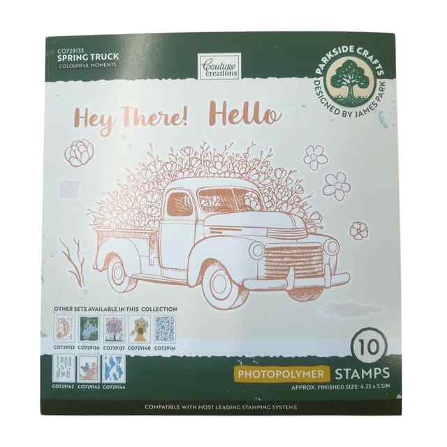Front of Couture Creations Colourful Moments Spring Truck photopolymer stamp packaging showing a vintage pickup truck filled with flowers and the Hey There! and Hello greetings