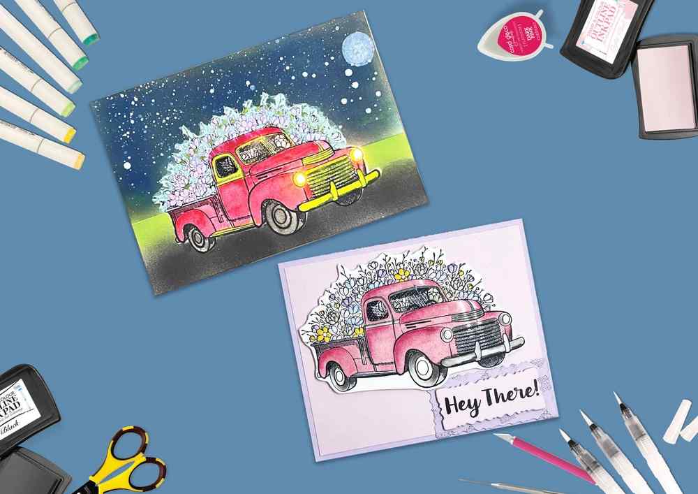 Two handmade cards featuring the Spring Truck stamp set, including a pink floral pickup truck card with a Hey There! greeting and a colourful night scene