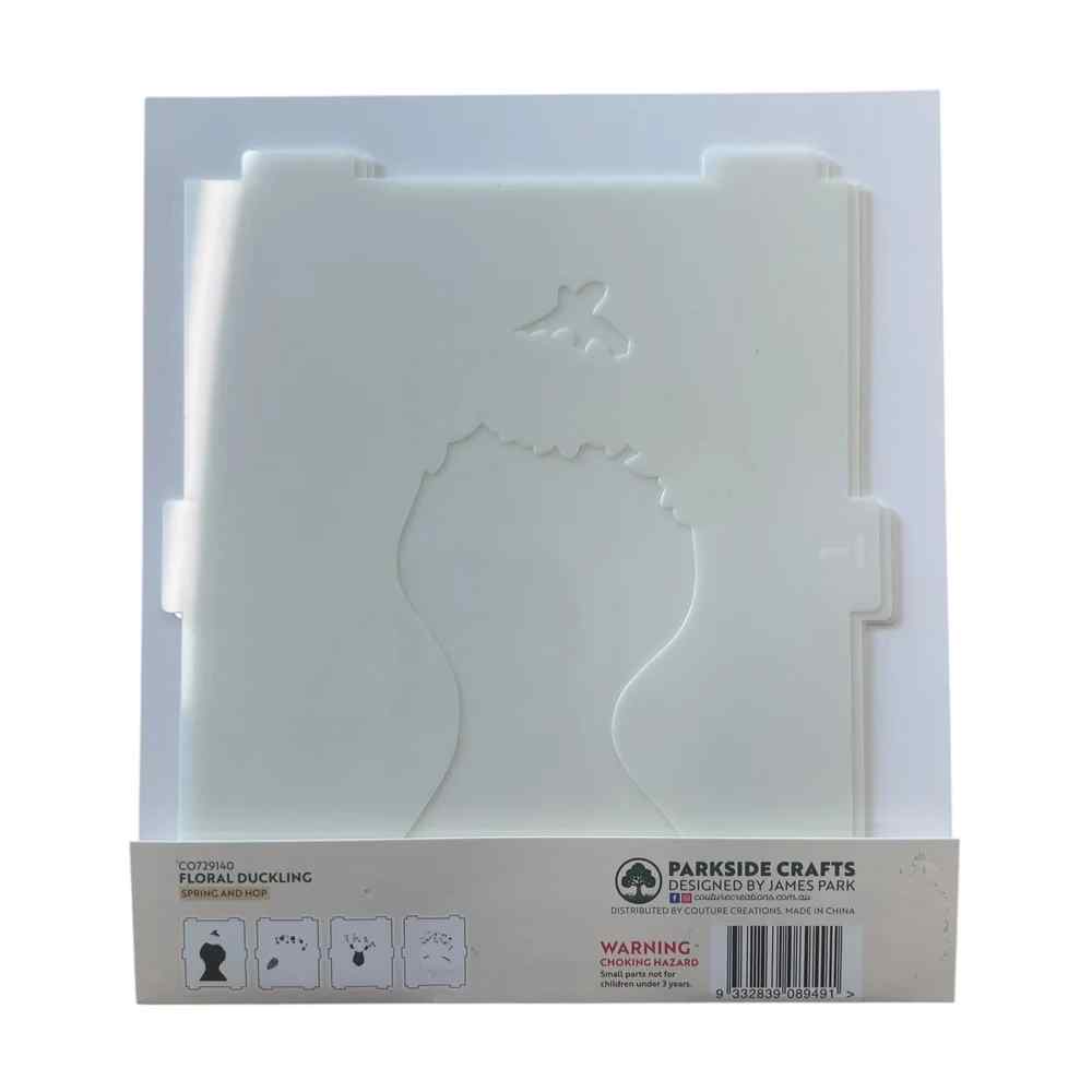 Reverse view of the Floral Duckling stencil packaging showing the stacked stencil layers and the four separate design stages