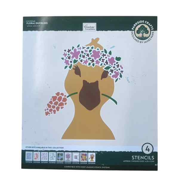Front of Couture Creations Colourful Moments Floral Duckling packaging showing the four-layer stencil design and finished spring duckling image