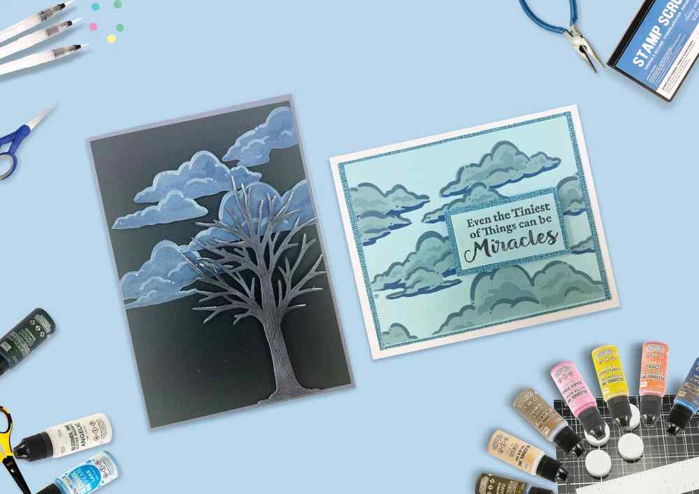 Two handmade projects showing layered Cloudy Sky stencil backgrounds, including a cloud scene with a tree and a card featuring the Even the Tiniest of Things can be Miracles sentiment