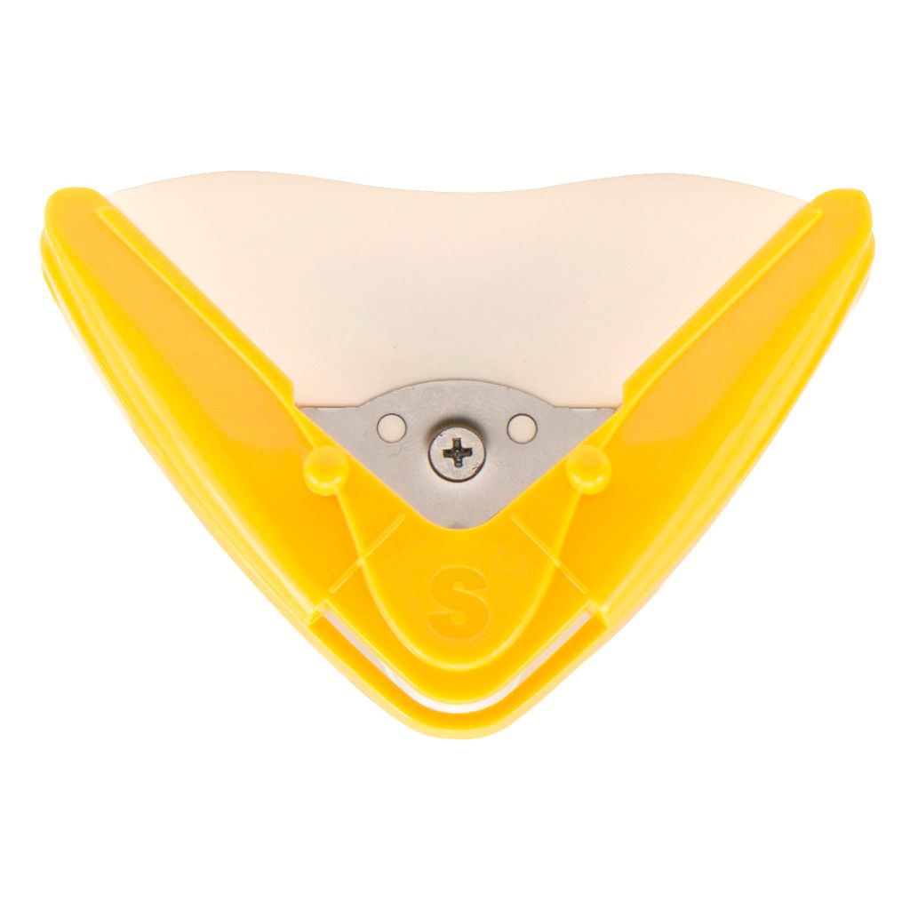 Yellow plastic tool for rounding corners of paper with a metallic centre on a white background