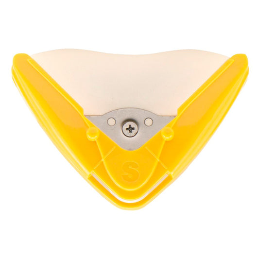 Yellow plastic tool for rounding corners of paper with a metallic centre on a white background