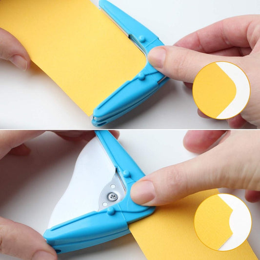 Hands using a blue paper punch on yellow paper with close-up of the puncher. Shows that it does inverted corners as well as rounded corners. 
