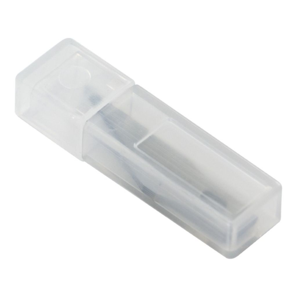 Small plastic container that holds replacement craft knife blades on a white background. 