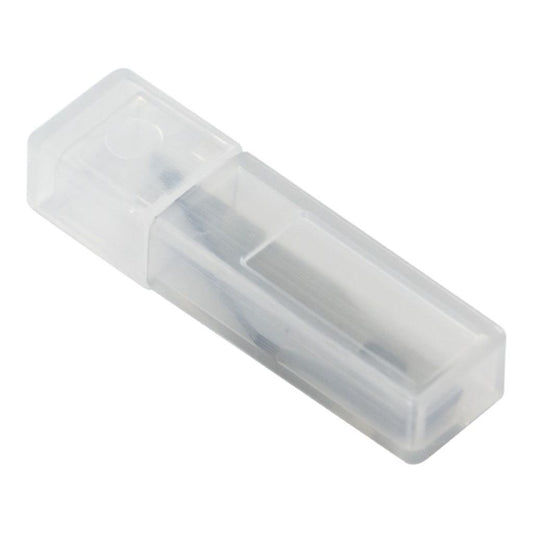 Small plastic container that holds replacement craft knife blades on a white background. 