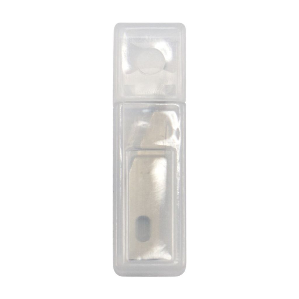 Plastic box holding 5 replacement blades for craft knives. 
