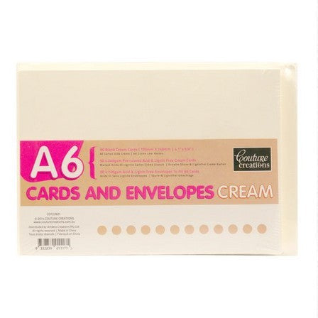 Couture Creations cream A6 cards and envelopes pack showing 50 card blanks in retail packaging.