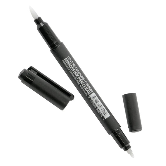 Couture Creations clear embossing ink pen with dual tips showing brush and bullet nibs with black barrel and cap
