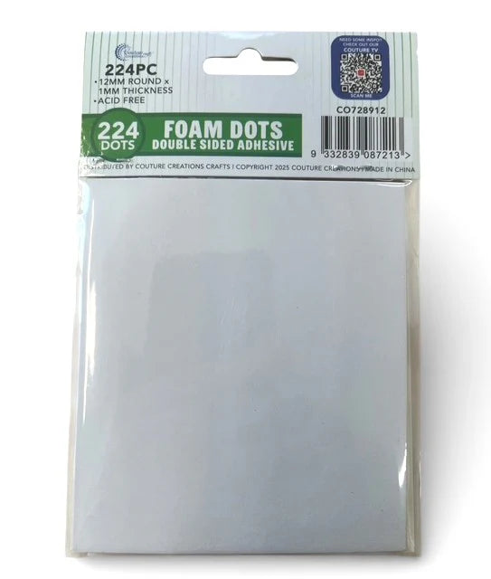 Couture Creations Foam Dots packaging reverse – 224 acid free double sided adhesive foam dots 12mm x 1mm 
