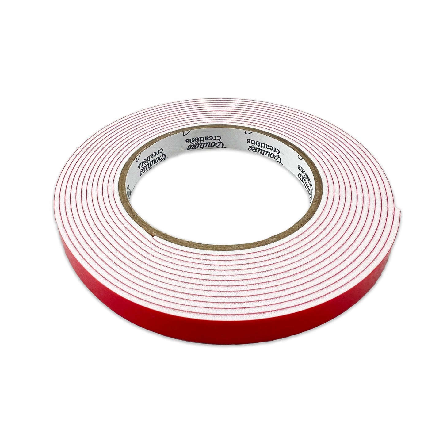Couture Creations Foam Mounting Tape roll shown at an angle, displaying the white foam and red liner