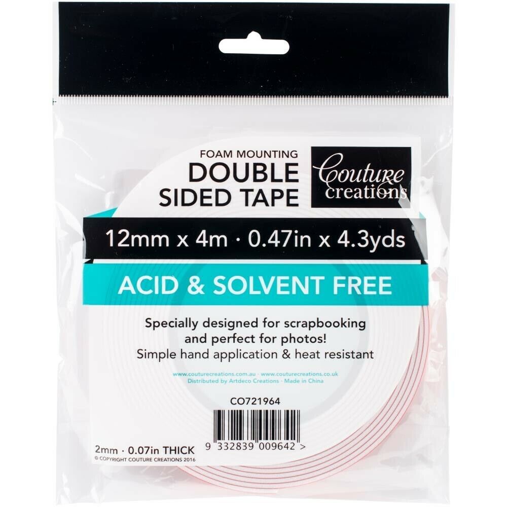 Couture Creations Foam Mounting Tape 12mm x 4m packaging — acid and solvent free double-sided foam tape for scrapbooking and card making