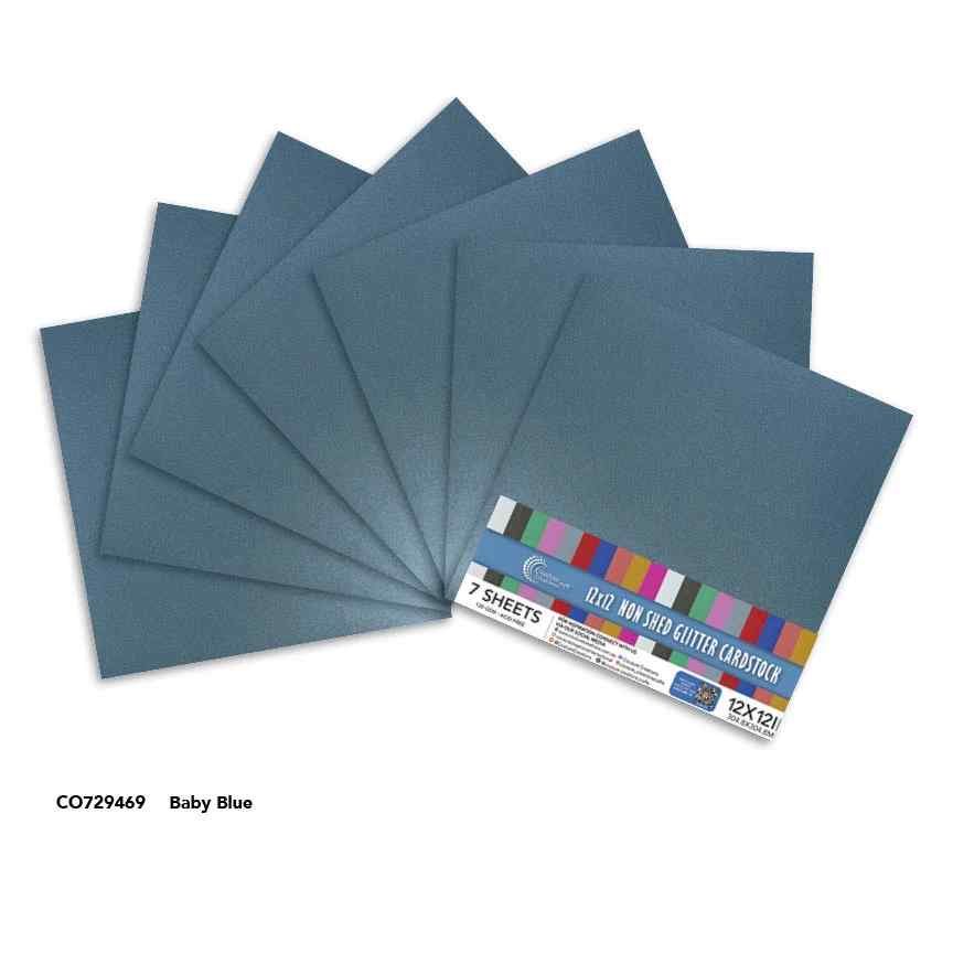 Couture Creations Baby Blue 12x12 glitter cardstock sheets displayed with product packaging