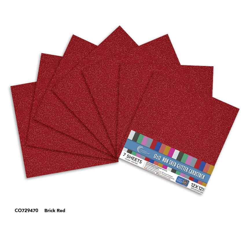 Couture Creations Brick Red 12x12 glitter cardstock sheets displayed with product packaging