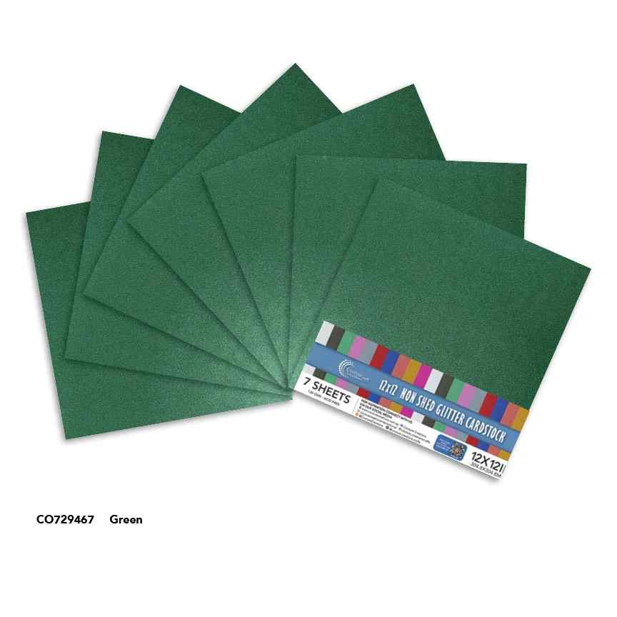 Couture Creations Green 12x12 glitter cardstock sheets displayed with product packaging
