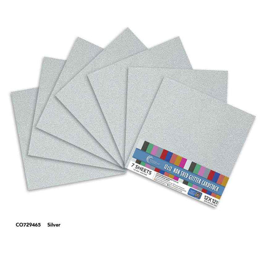 Couture Creations Silver 12x12 glitter cardstock sheets displayed with product packaging