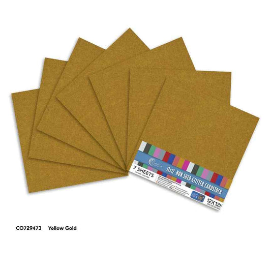 Couture Creations Yellow Gold 12x12 glitter cardstock sheets displayed with product packaging
