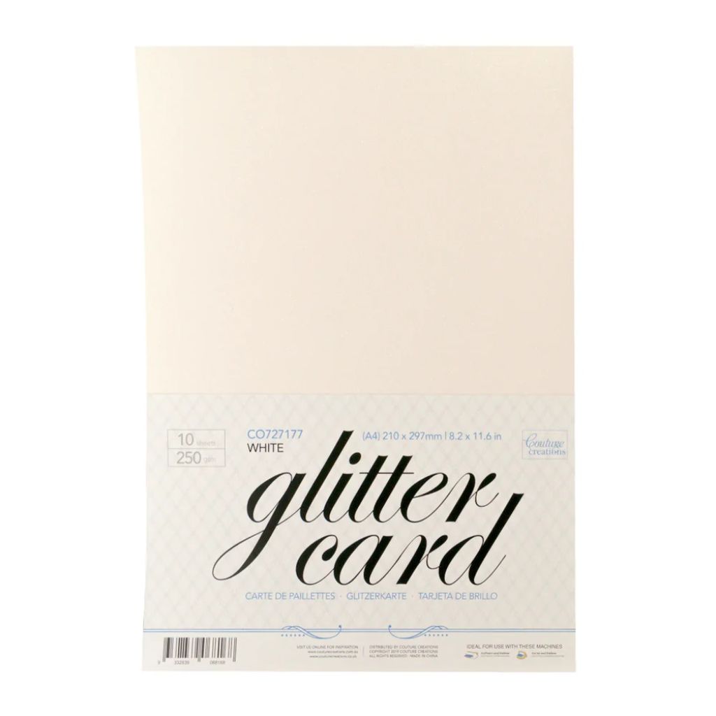 Packaging of white glitter card with text on a white background
