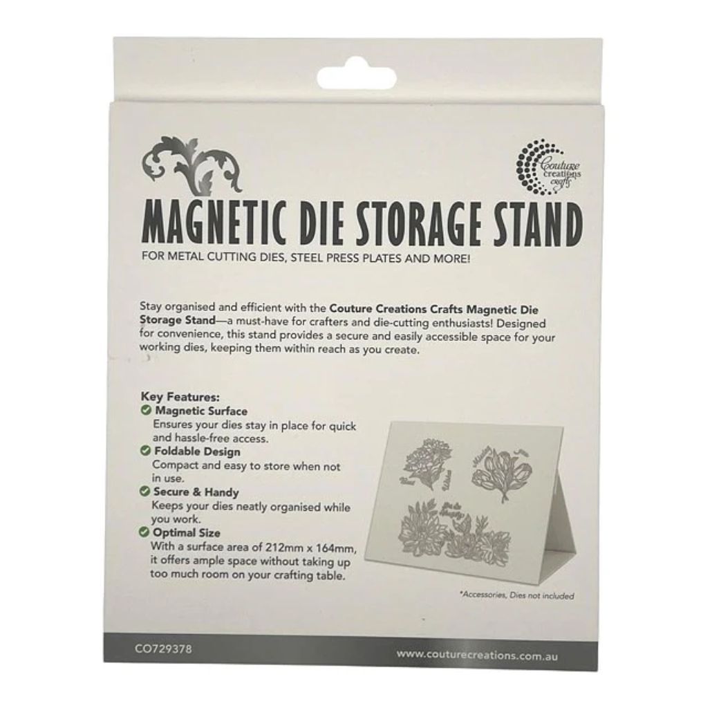 Package of Couture Creations Crafts Magnetic Die Storage Stand with product details and branding.