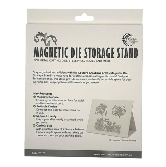 Package of Couture Creations Crafts Magnetic Die Storage Stand with product details and branding.