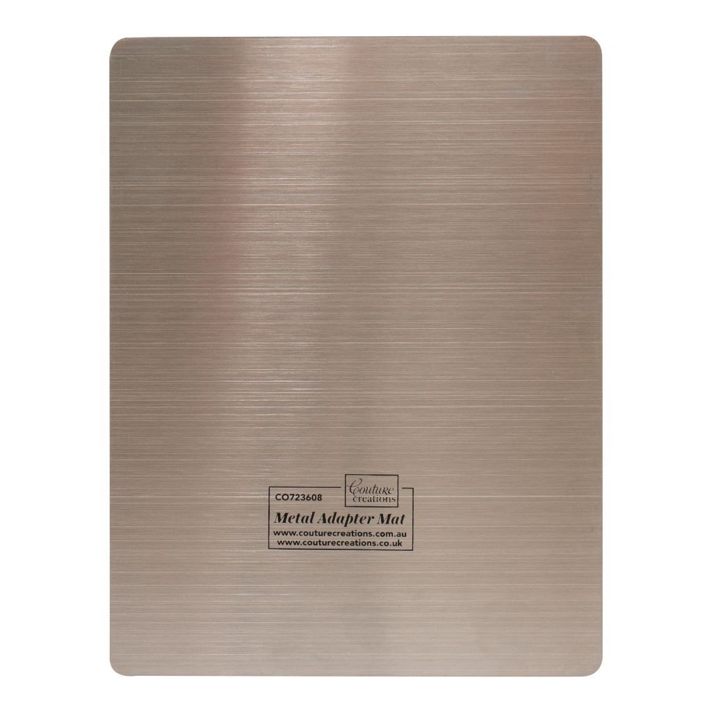 Couture Creations GoCut & Emboss Metal adapter mat with a brushed metal finish on a white background