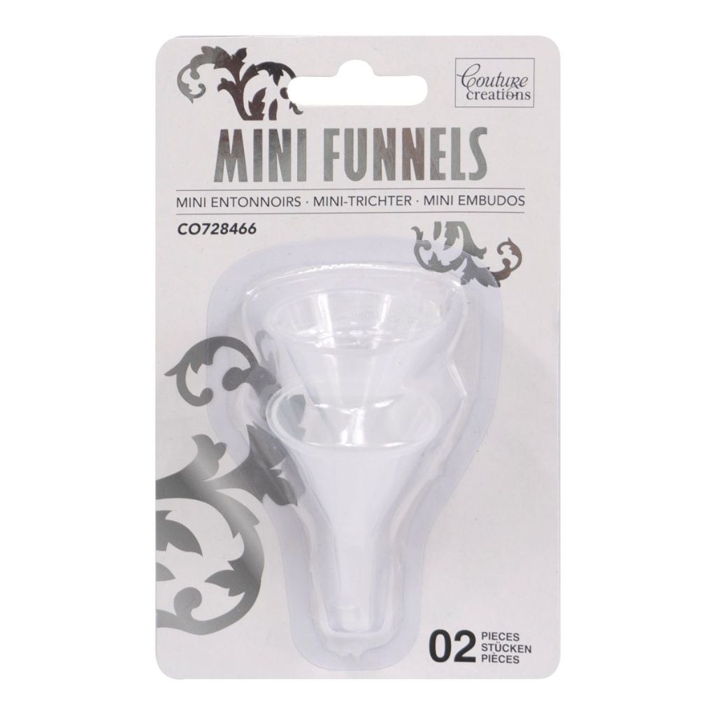 Packaging of mini funnels with two white funnels inside on a white background