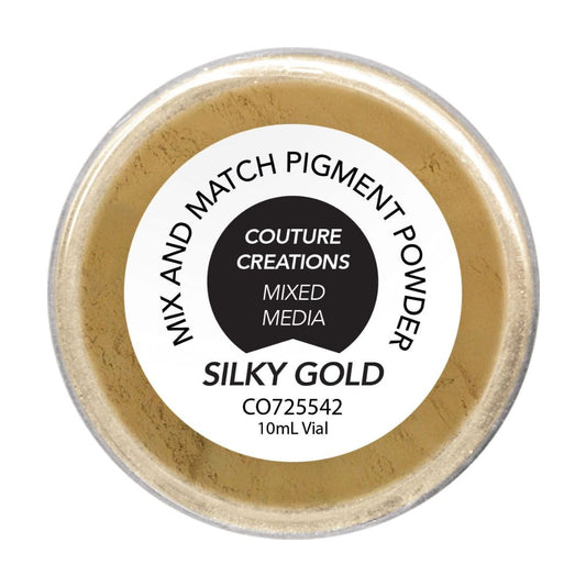 Couture Creations Silky Gold pigment powder in a round container with a white label.