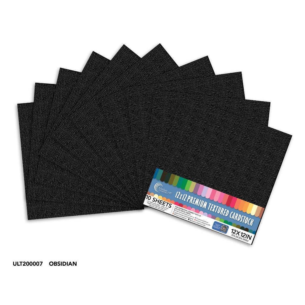 Pack of black textured cardstock sheets with a colorful label on a white background