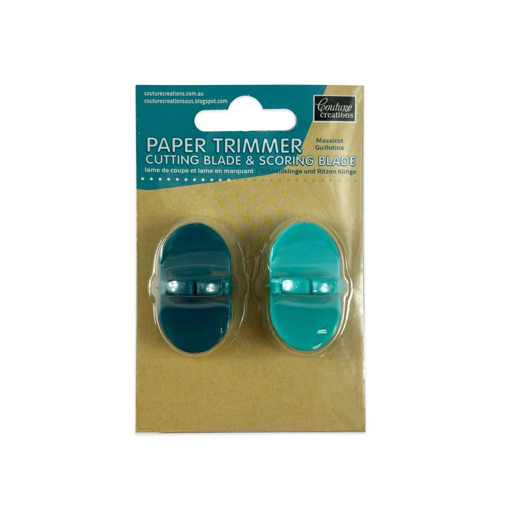 Packaged paper trimmer replacement blades with cutting and scoring blades. Suitable for the Couture Creations or Kaszazz branded trimmers. 