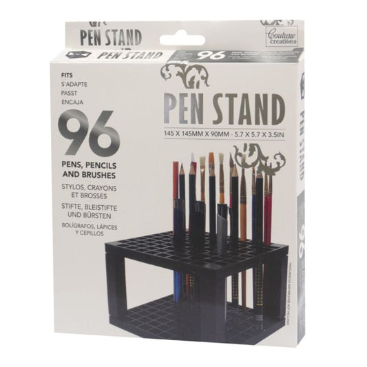 Couture Creations pen stand retail packaging showing 96 capacity for pens, pencils and brushes with product dimensions