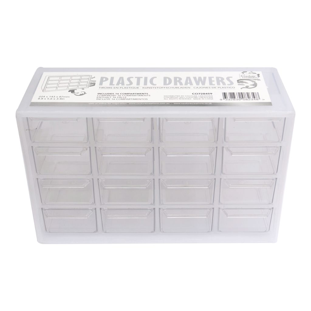 Couture Creations white plastic storage drawers with 16 compartments and clear labelling on top for craft organisation