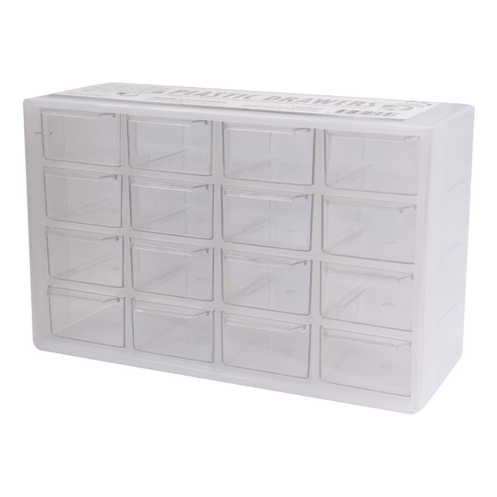 Side view of 16-drawer plastic storage organiser showing stackable design and individual compartments for craft supplies