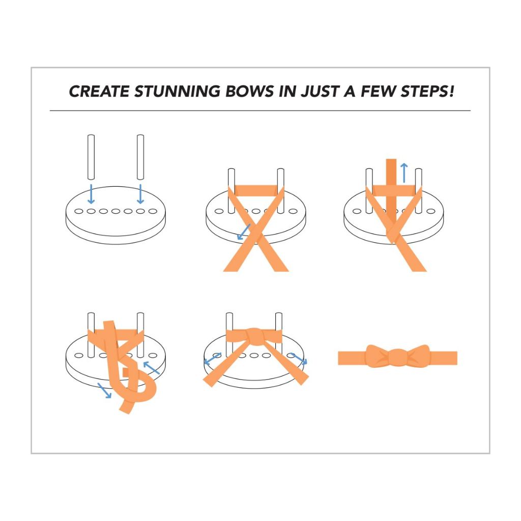 Step-by-step instructions showing how to create bows using the 4-pillar ribbon frame bow maker tool