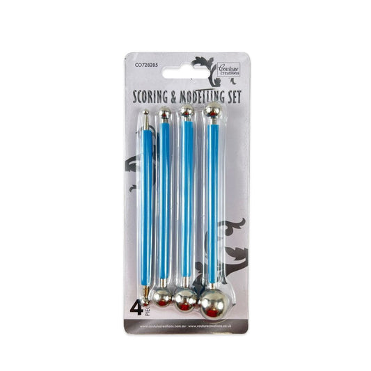 Packaged scoring and modelling set with blue handles and silver ends on a white background
