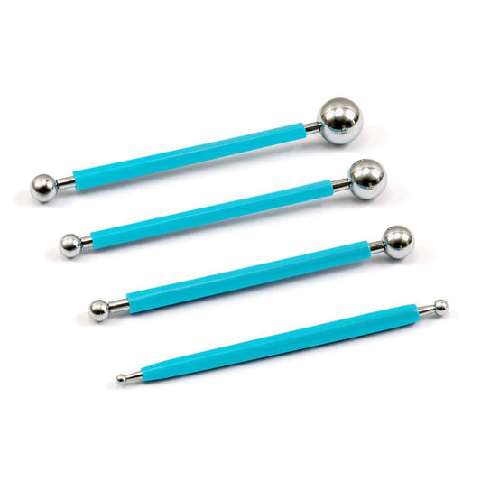 Four turquoise scoring & modelling tools with silver ball ends on a white background